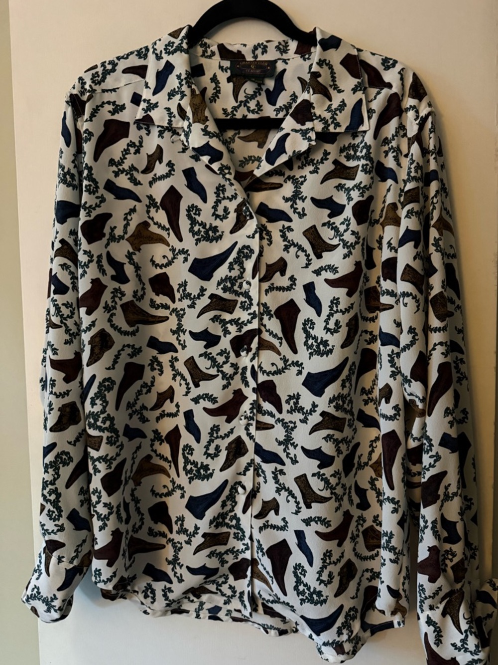 Western Granola Girl Charter Club Cream Blouse with Navy and Brown Shoe Print